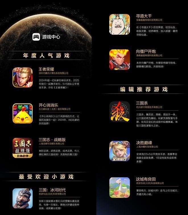 华为游戏中心年度先锋榜单界面截图，包含多款上榜游戏图标及分类标签