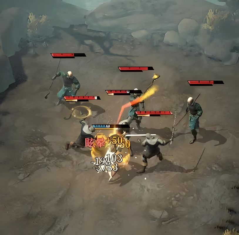 玩家角色站在被摧毁的木制营地前，篝火仍在燃烧，箱子已打开