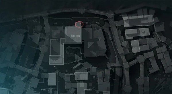 长弓溪谷地图右下角区域放大图，箭头指向小屋旁的密码门位置