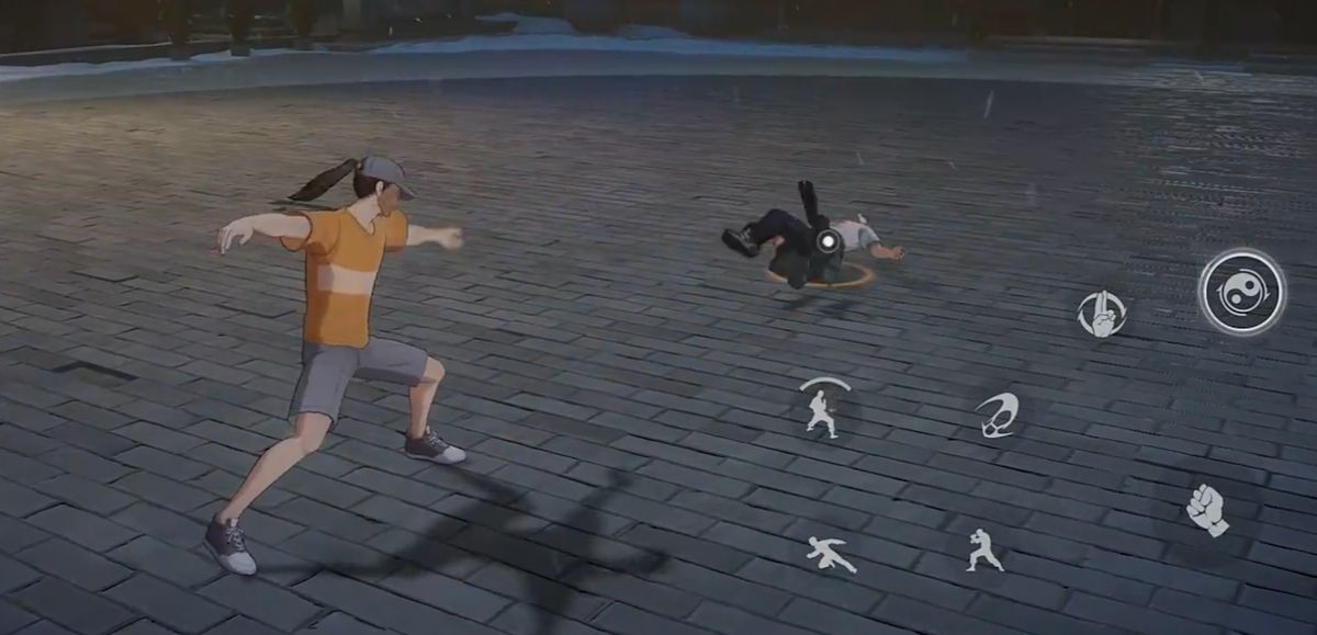 技能释放画面，王也施展回沙踏向前踏步出掌，敌人被震退