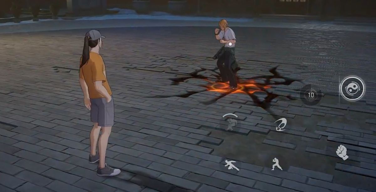 王也释放震离技能，脚下八卦图旋转，前方地面浮现红色火焰阵