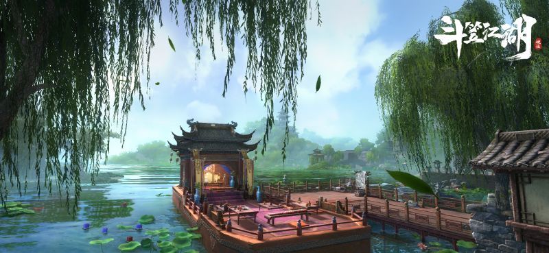 《斗笠江湖》主城全景图，古风建筑林立，侠客穿梭其中，远处山峦叠嶂