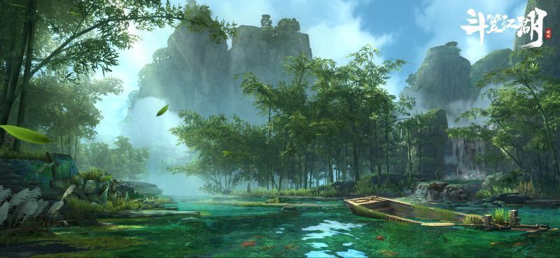 俯视角战斗场景，数名侠客在废墟间隐蔽移动，远处有人爆发激烈交战