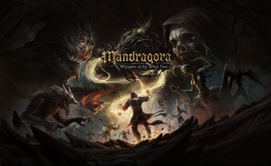 《秘影曼德拉：女巫树的低语》Switch版宣传图，展示主角在神秘森林中持剑对峙怪物的场景，画面充满暗黑幻想氛围