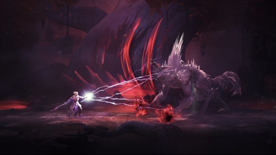 游戏中Boss战实机画面，主角在废墟神庙内与巨型藤蔓怪物激烈交战，技能特效绚丽，光影表现极具张力