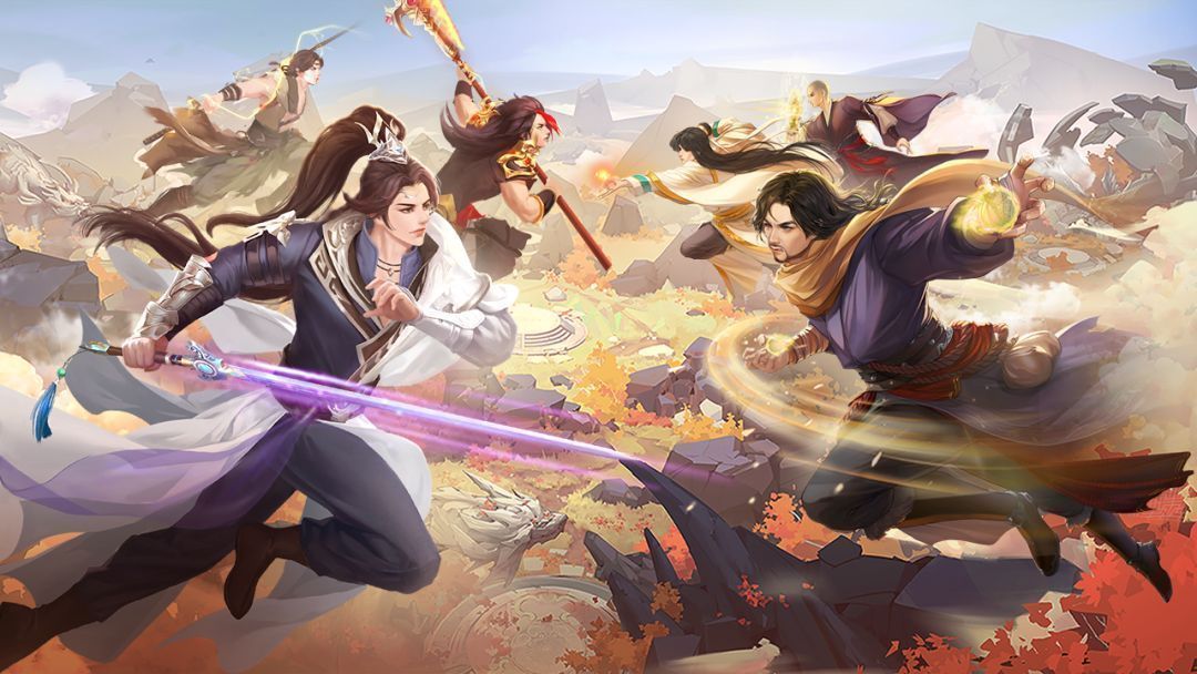 《天龙八部》全国争霸赛激烈对战场面，选手专注操作，屏幕中角色技能炫目