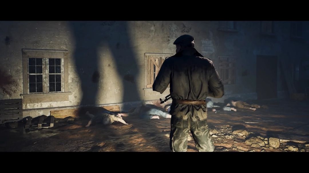 雷米与一名身穿破旧军装的NPC对话，背景是燃烧的村庄