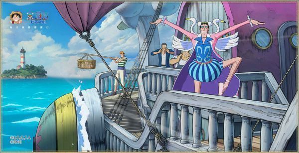 多名角色站在沙滩上庆祝胜利，背景是破碎的建筑与夕阳余晖，疑似司法岛解救罗宾后的场景