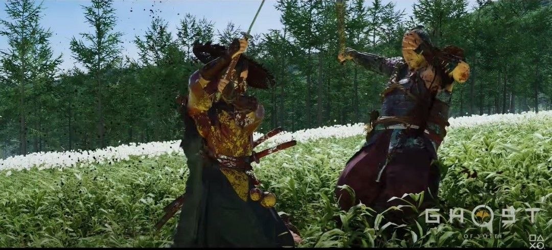 战场远景图，白雪覆盖的山谷中，武士列阵对峙，气氛紧张