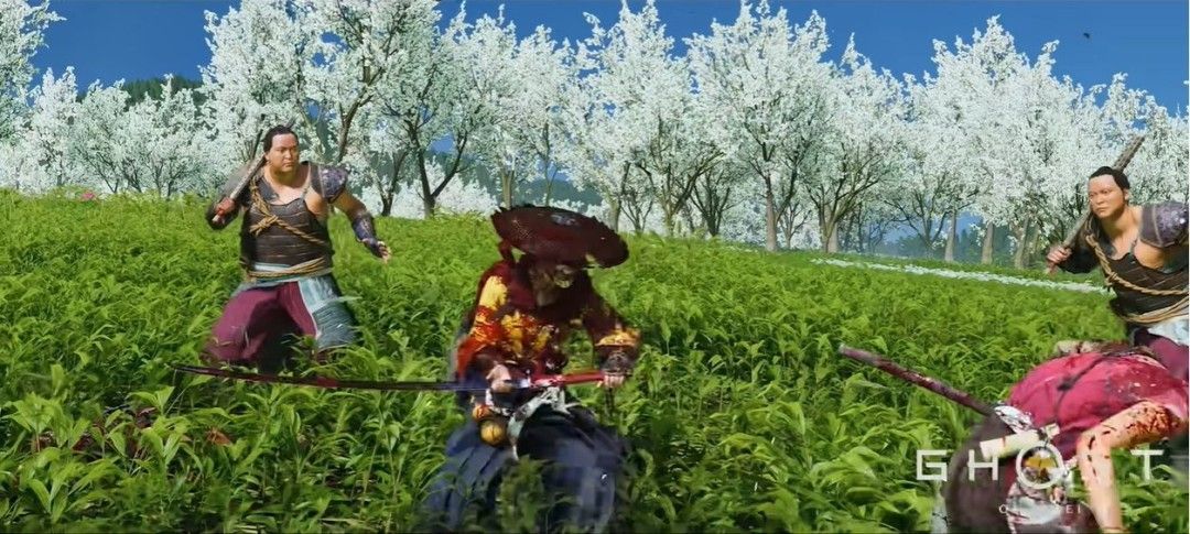 阿津持刀静立，身后是燃烧的村落，眼神坚定充满仇恨