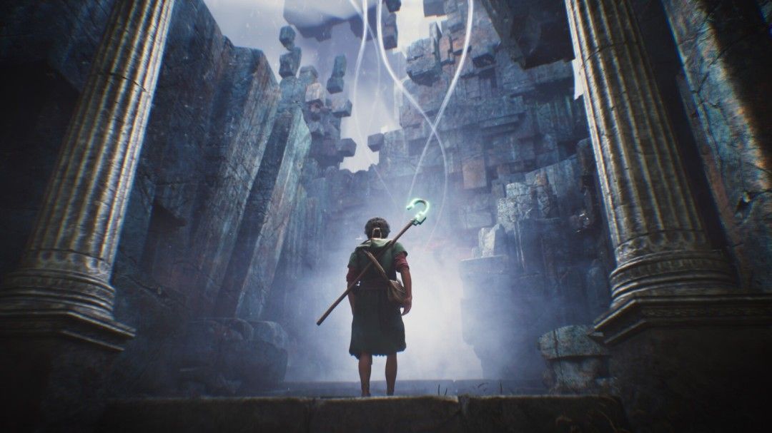 主角站在高处俯瞰古代城市全景，夕阳映照在石屋与街道之上