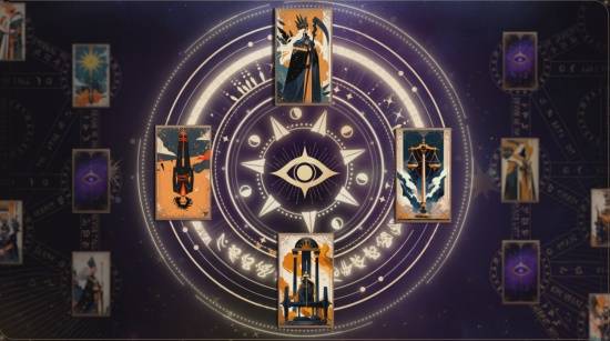 黑暗中的女占卜师手持塔罗牌，桌面布满神秘符号，空中飘浮着死神、正义等大阿卡那牌