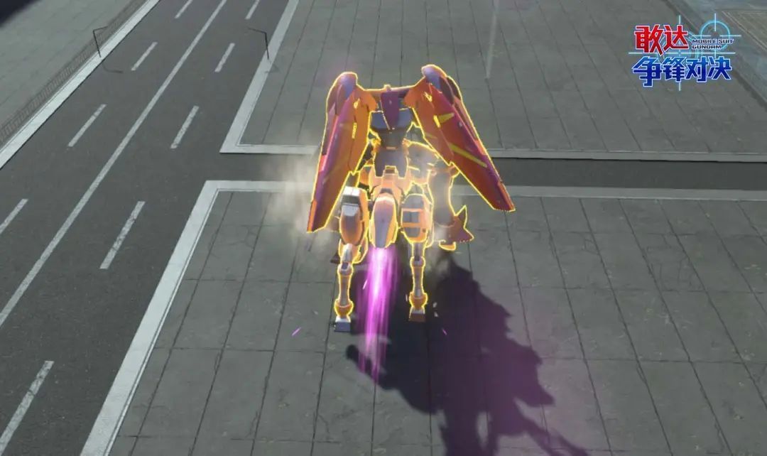 尊者敢达跃起发动后格斗技，以马蹄状武器猛击地面，产生震荡波特效