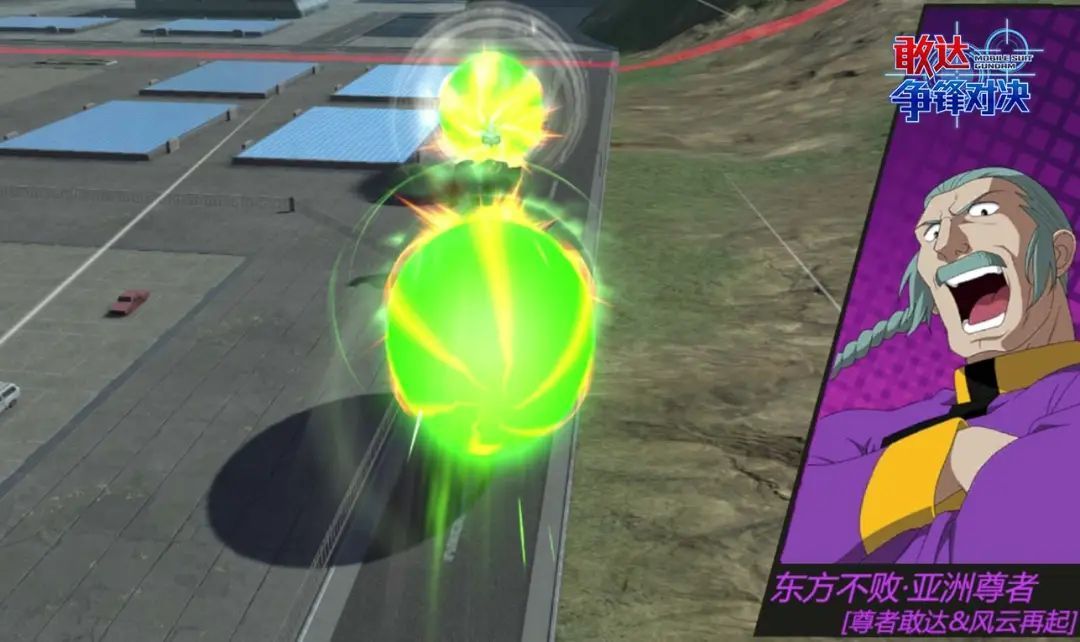 神敢达与尊者敢达联手冲撞敌人，身后卷起巨大龙卷风吞噬战场