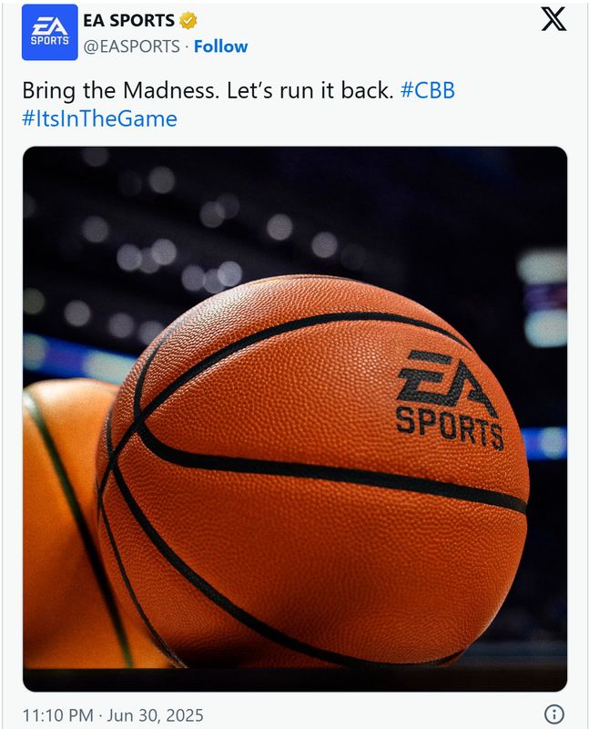 EA Sports标志与篮球场背景融合的视觉图，象征其大学篮球项目的启动愿景