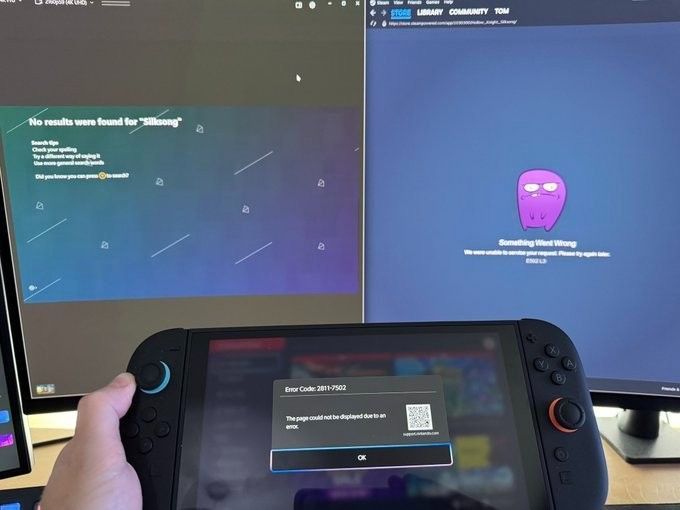 社交媒体上玩家发布的商店连接错误提示界面拼图，涵盖Steam、eShop等多个平台的报错信息，配文调侃‘全员卡顿，共襄盛举’