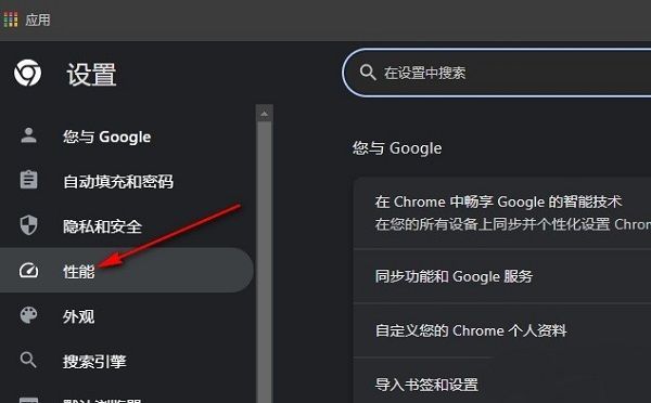 谷歌浏览器设置页面左侧栏中‘性能’选项被选中的界面截图