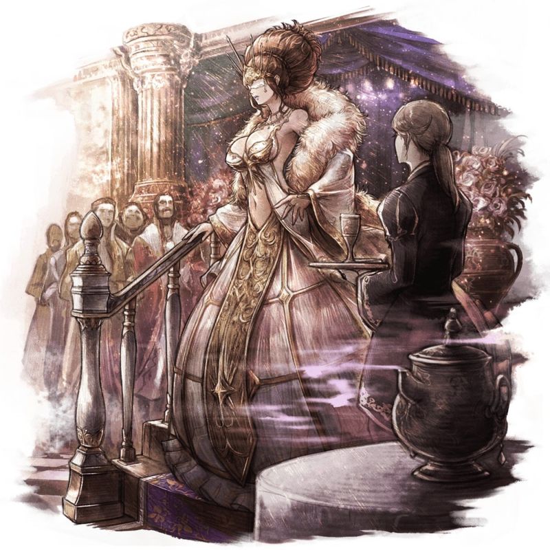 反派角色立绘之一，身披暗色长袍，眼神冷峻，背景带有神秘符文