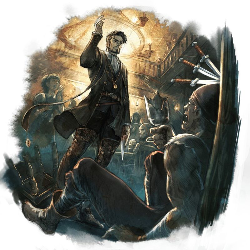 盗贼凯路扎斯立绘，身穿轻便皮甲，手持短刃，眼神警觉