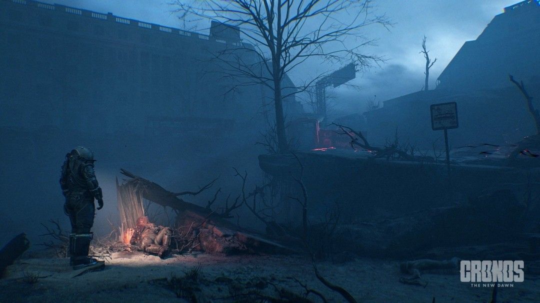 游戏主视觉图展示废墟城市中的孤独旅者，天空呈现暗红色，建筑残骸遍布四周，充满末世感