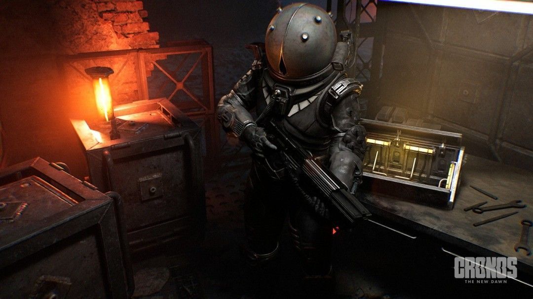 战斗场景展示玩家与外形扭曲的敌人对峙，环境充满蒸汽朋克风格机械装置