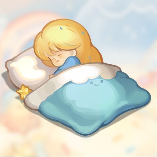 游戏中展示的‘暖暖小被窝’家具：一团蓬松的粉色云朵形状床铺，上面绣着笑脸图案，散发着柔和光芒