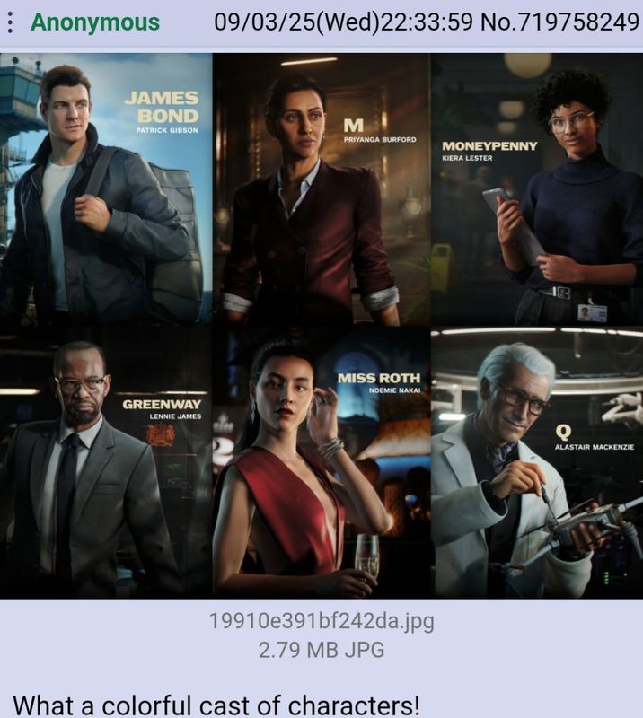 《007：曙光》游戏截图，展示多位肤色各异的NPC角色站在大厅中，穿着正式服装进行交谈