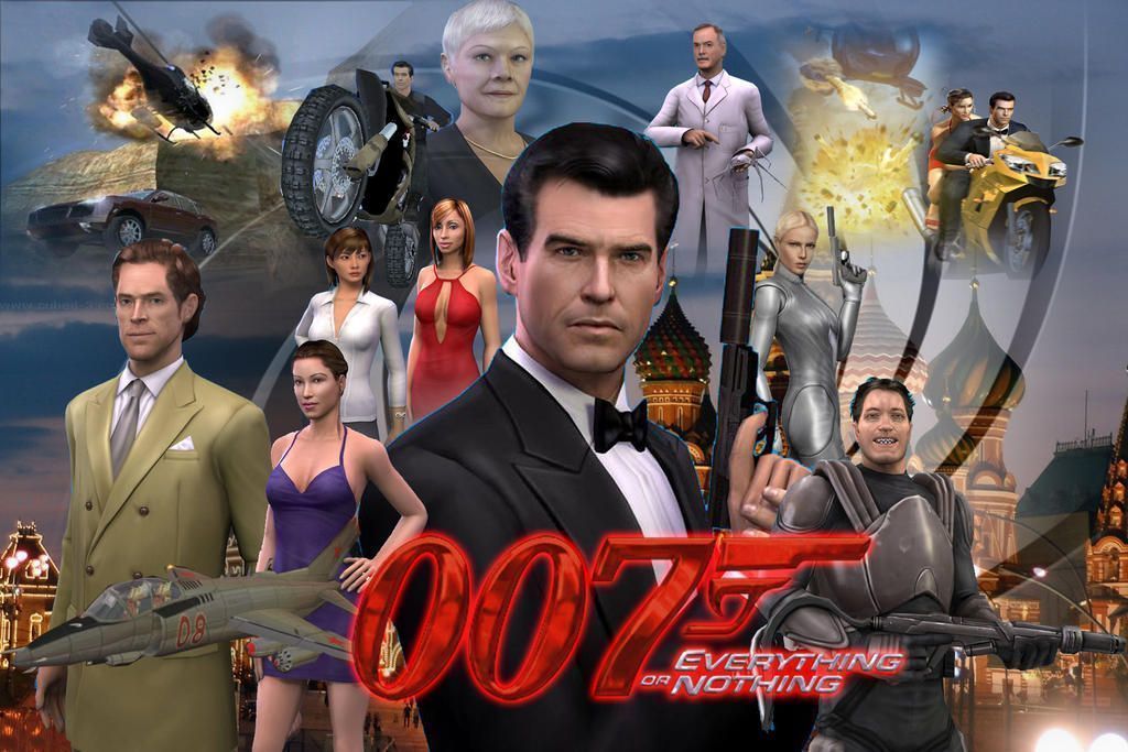 《007：Everything or Nothing》过场动画截图，邦德驾驶摩托飞跃悬崖，背后爆炸火光冲天