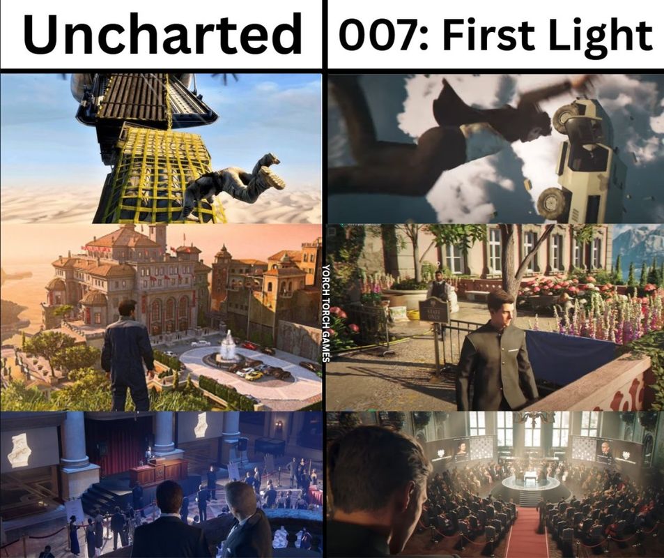 左右对比图，左侧为《神秘海域》主角德雷克攀爬悬崖的真实光影效果，右侧为《007：曙光》中邦德走进房间的平淡镜头