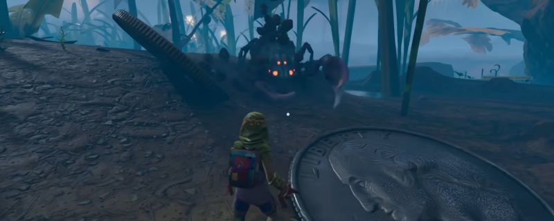 《禁闭求生2》中北地蝎的立体模型展示，通体灰白带刺外壳，双钳高举呈攻击姿态，尾部毒刺泛着寒光，背景为冰雪覆盖的洞穴环境