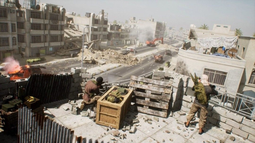 重制后的Al Basrah地图俯瞰视角，街道布局清晰，建筑物细节丰富，远处有战火燃烧