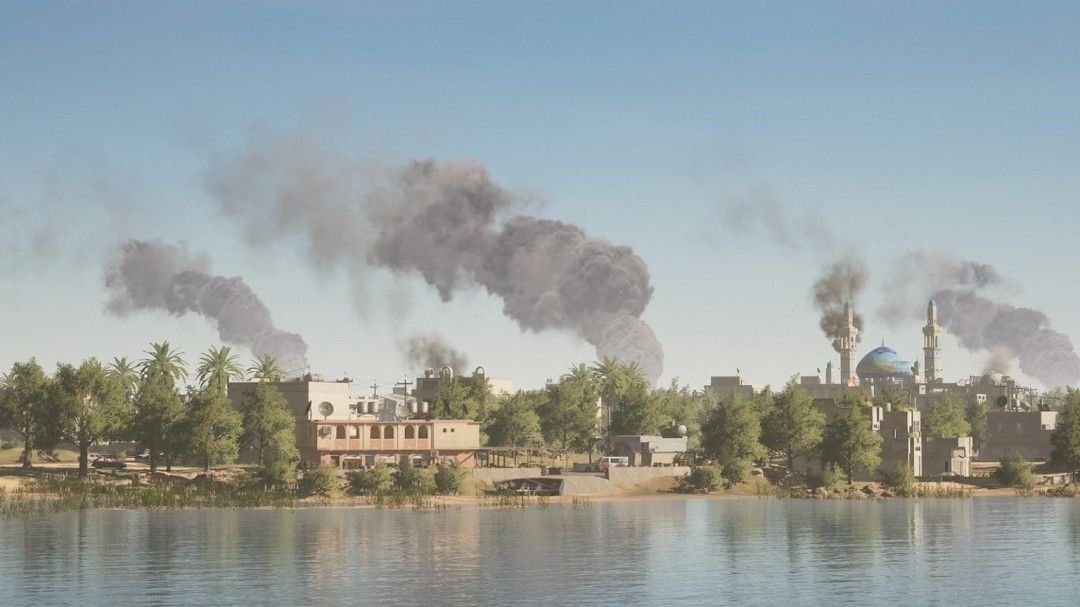 游戏中装甲车在街道上行驶，士兵从两侧包抄前进，天空中有无人机盘旋