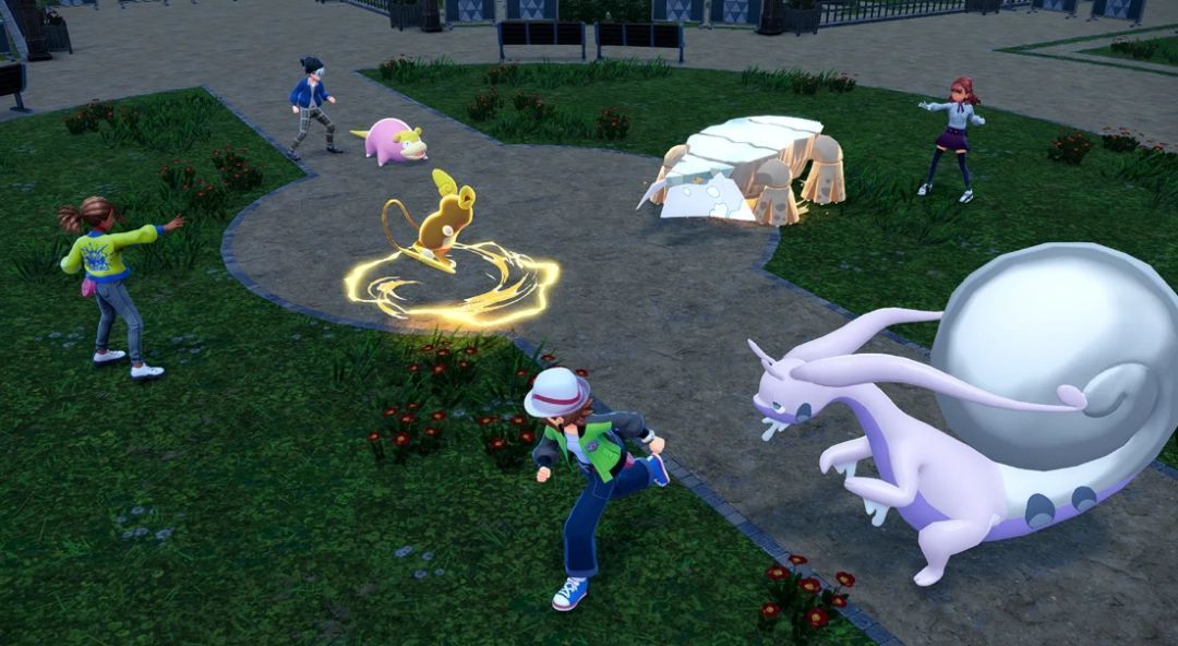 多位训练师站在霓虹风格的城市广场上，身边环绕着来自不同世代的经典宝可梦群像