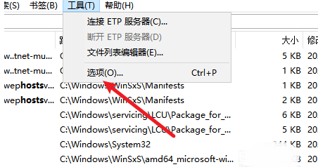 ‘工具’下拉菜单展开状态，其中‘选项’条目被选中并高亮显示