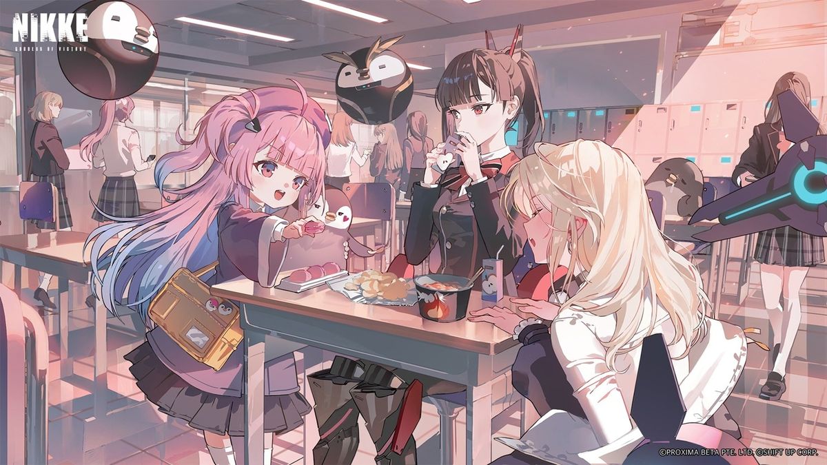 游戏战斗场景截图，妮姬们躲在掩体后对远处机械敌人进行火力压制，技能特效绚丽，战场氛围紧张激烈