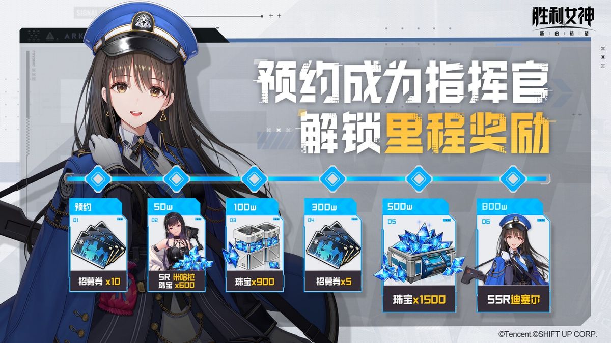 游戏预约页面宣传图，展示多名妮姬角色环绕中央的指挥官标志，背景为未来都市废墟，充满科技与希望交织的氛围