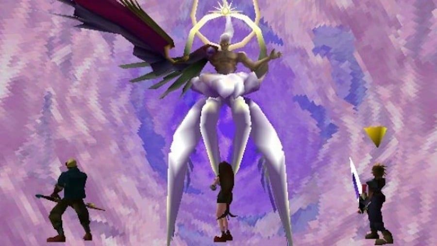 《最终幻想7》经典战斗场景插画，背景浮现激烈跳动的音符波形