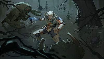 Z1-14角色立绘展示，身穿学院科技装甲，手持能量武器，眼神坚定地望向前方废土战场