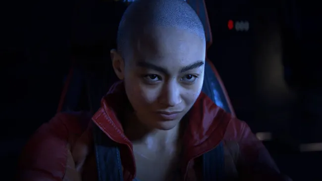 概念艺术图展示一名身穿高科技装甲的赏金猎人站在荒凉外星星球表面，远处有破碎空间站残骸