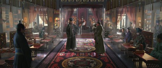 游戏概念图展示主角在烽火连天的战场上策马奔腾，身旁是身披铠甲的三国名将与神秘女子并肩而立