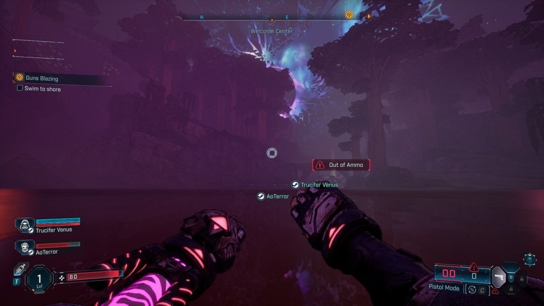 Boss战场景，巨大机械怪物从地下升起，发射激光攻击玩家队伍