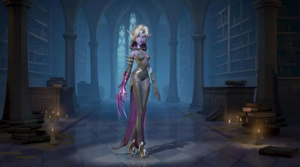 英雄特写画面，一名身披暗红斗篷的吸血鬼法师手持水晶法杖，眼神锐利