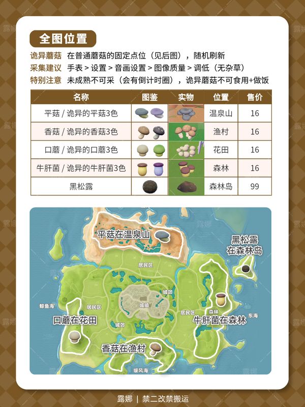 《心动小镇手游》中五种普通蘑菇的分布地图示意图，标注了平菇、口蘑、香菇、黑松露和牛肝菌的具体采集位置