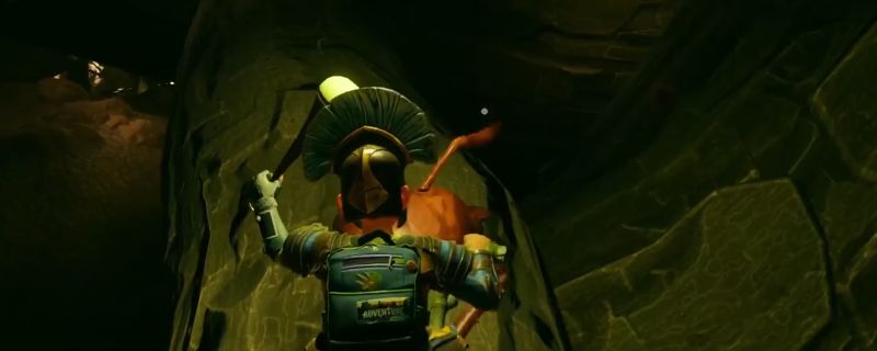 玩家角色正沿着松林山下方一段悬空的枯树枝谨慎前行，背景为幽深峡谷与昏暗天色，营造出紧张探险氛围