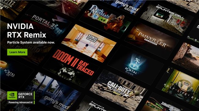 RTX Remix编辑界面展示粒子系统设置，屏幕上显示蓝色能量流和动态光效，体现高科技Mod创作环境