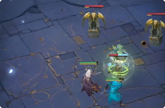 战斗场景截图：波塞冬释放大招瞬间，多名敌人被定身于水柱之中，队友紧随其后展开输出