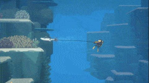 戴夫身穿潜水服在五彩斑斓的珊瑚礁间穿梭，手持网枪捕捉发光鱼类，周围海洋生物游动