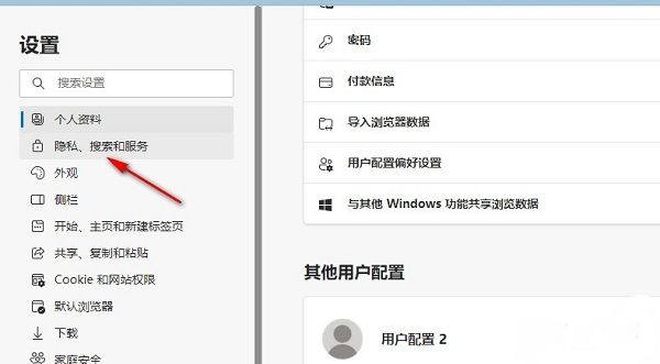 左侧菜单中“隐私、搜索和服务”选项处于选中状态，右侧为相关设置内容