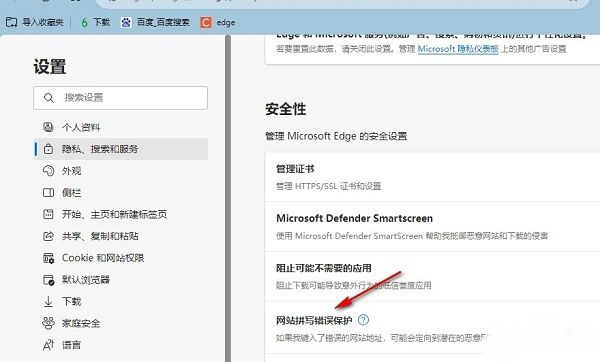 “网站拼写错误保护”功能开关位于安全性设置区域内，文字说明清晰可见
