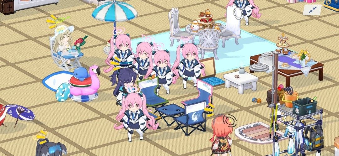 《蔚蓝档案》游戏界面显示多个小雪角色整齐排列在咖啡馆中，背景为粉色灯光，充满诡异又滑稽的氛围